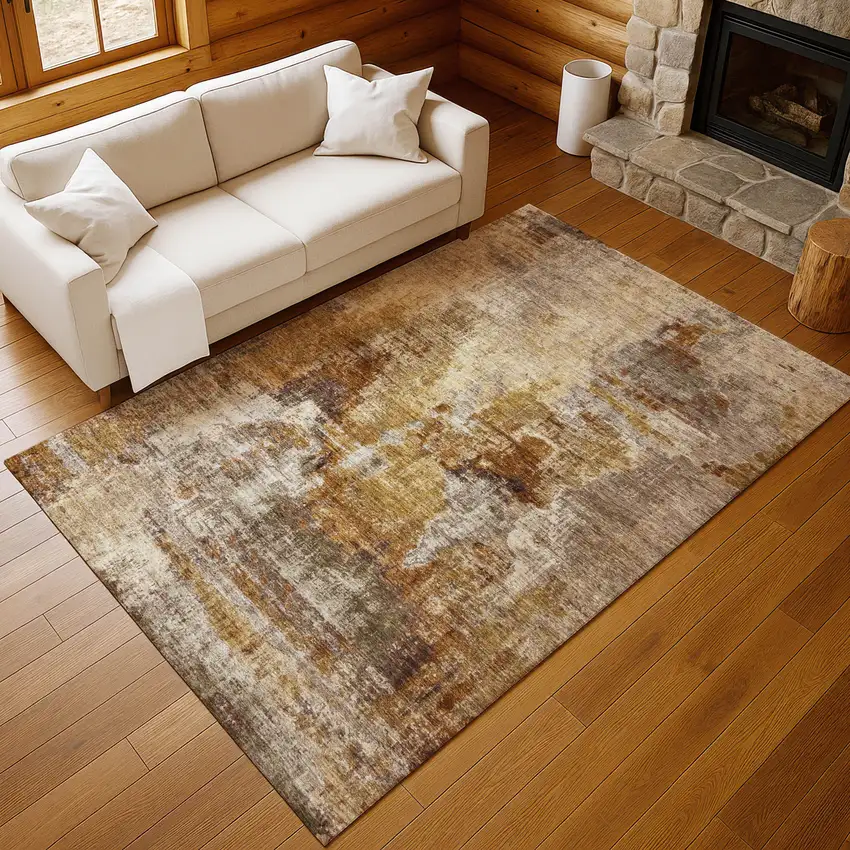 Walnut And Beige Abstract Washable Indoor Outdoor Area Rug Photo 7