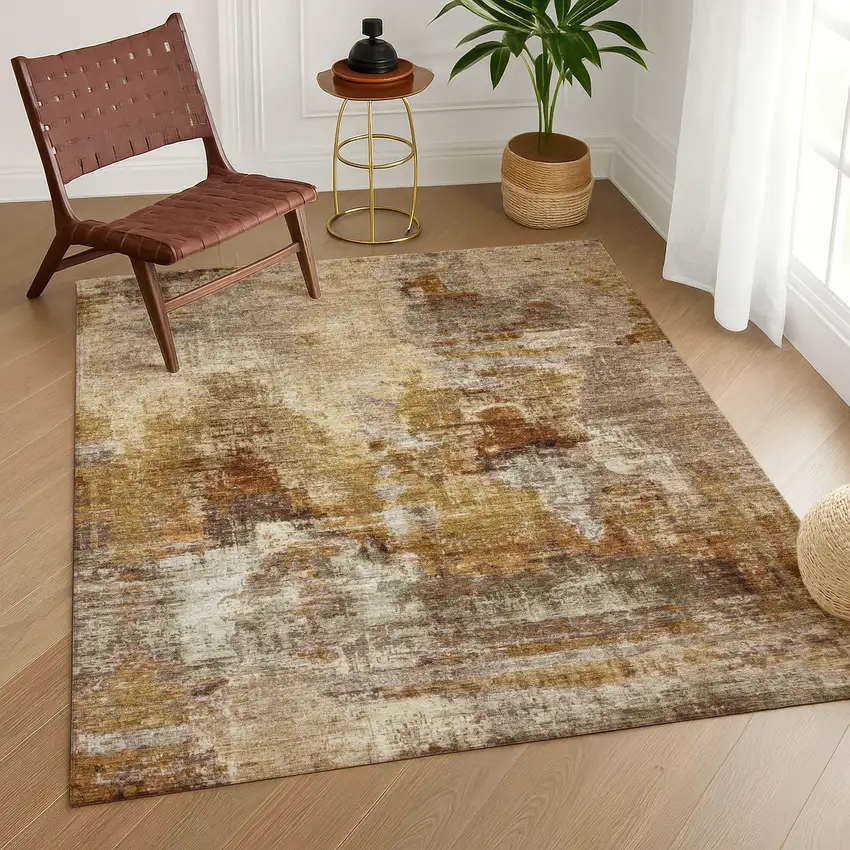 Walnut And Beige Abstract Washable Indoor Outdoor Area Rug Photo 8