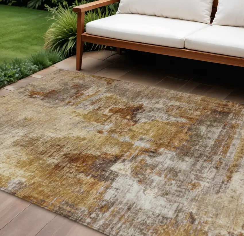 Walnut And Beige Abstract Washable Indoor Outdoor Area Rug Photo 1