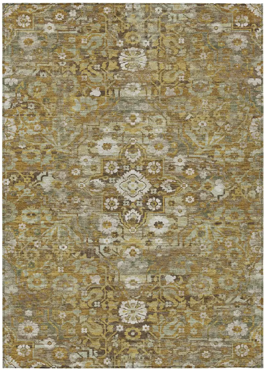 Walnut And Gold Floral Medallion Washable Indoor Outdoor Area Rug Photo 2