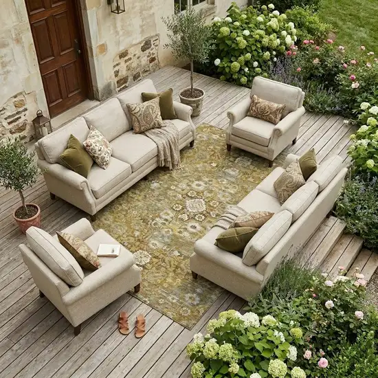Walnut And Gold Floral Medallion Washable Indoor Outdoor Area Rug Photo 1