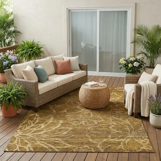 Walnut And Gold Floral Washable Indoor Outdoor Area Rug Photo 1
