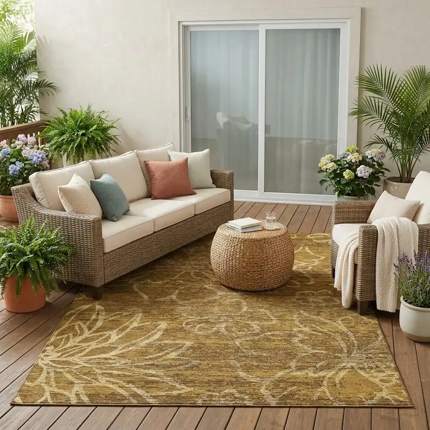 Walnut And Gold Floral Washable Indoor Outdoor Area Rug Photo 1