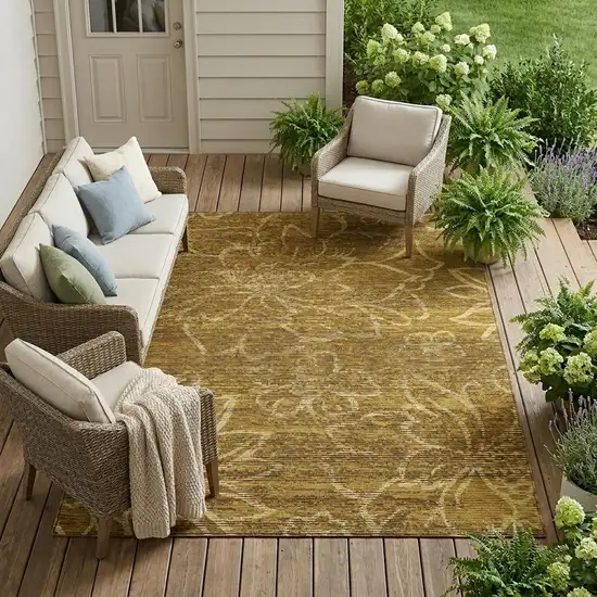 Walnut And Gold Floral Washable Indoor Outdoor Area Rug Photo 1