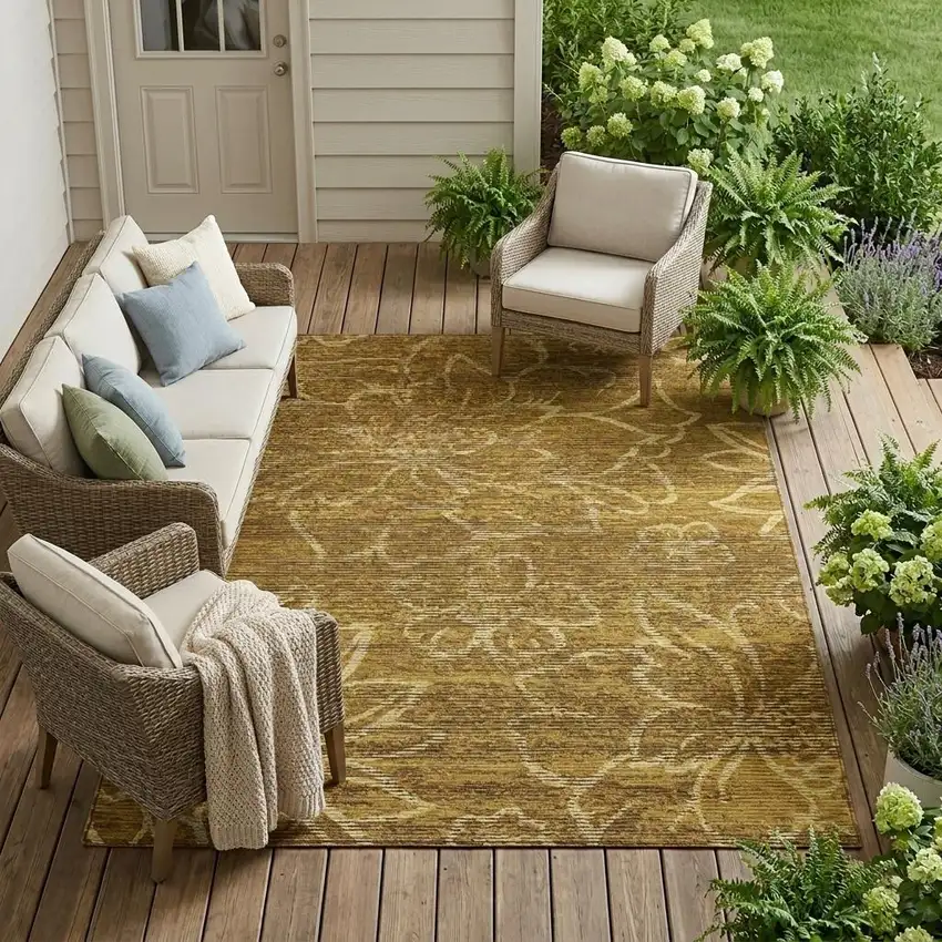 Walnut And Gold Floral Washable Indoor Outdoor Area Rug Photo 1