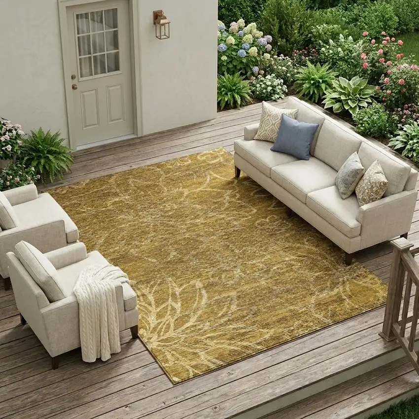 Walnut And Gold Floral Washable Indoor Outdoor Area Rug Photo 1