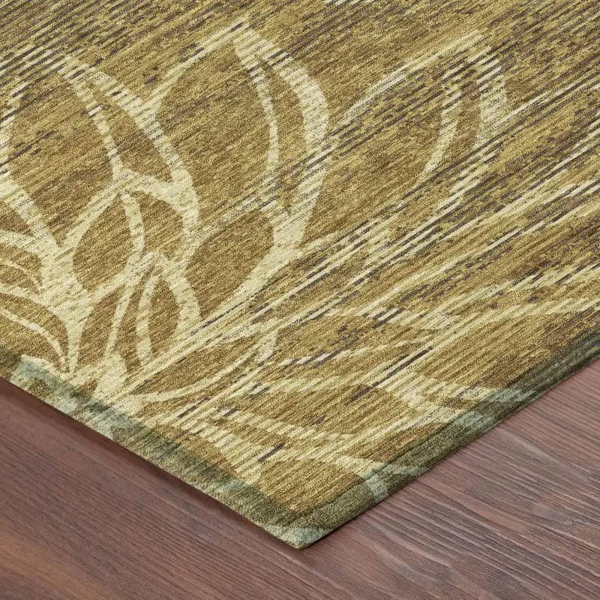 Walnut And Gold Floral Washable Indoor Outdoor Area Rug Photo 3