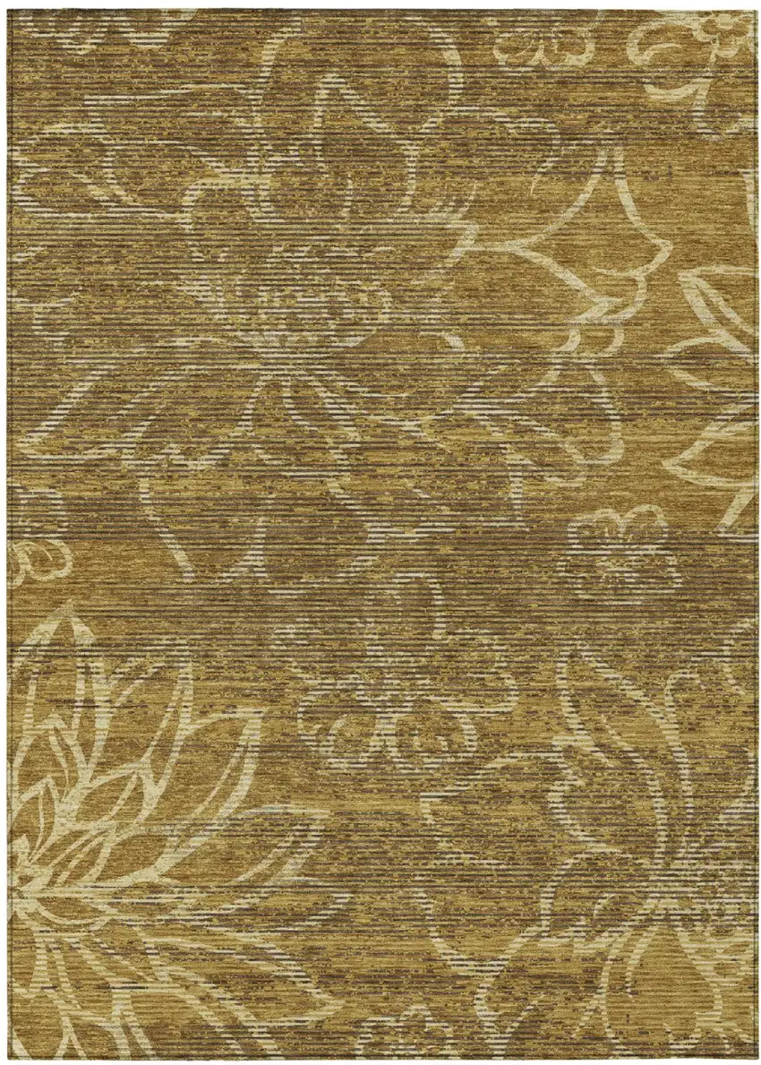 Walnut And Gold Floral Washable Indoor Outdoor Area Rug Photo 2