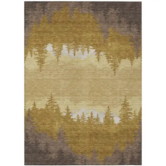 Walnut And Gold Floral Washable Indoor Outdoor Area Rug Photo 2