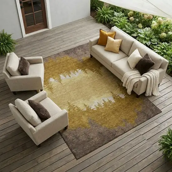 Walnut And Gold Floral Washable Indoor Outdoor Area Rug Photo 1
