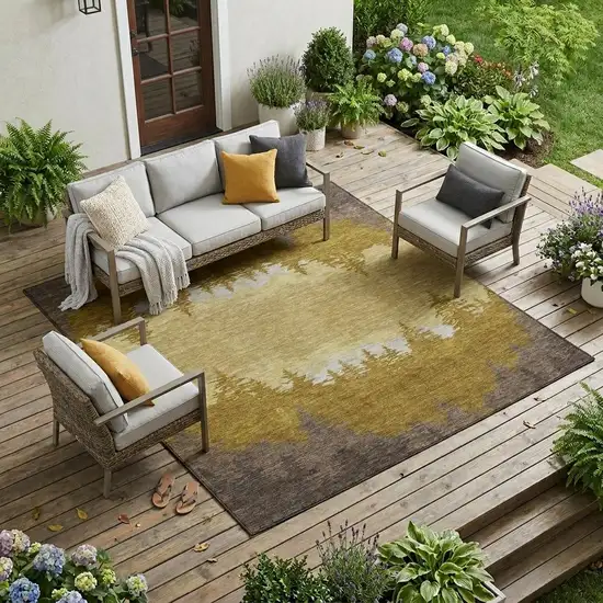 Walnut And Gold Floral Washable Indoor Outdoor Area Rug Photo 1
