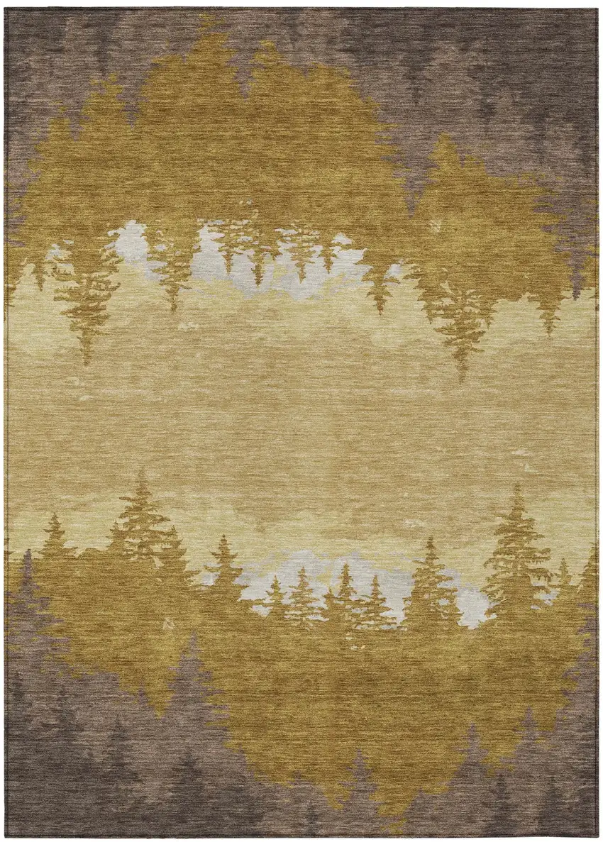 Walnut And Gold Floral Washable Indoor Outdoor Area Rug Photo 2