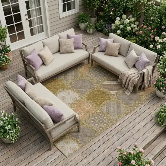 Walnut And Gold Geometric Washable Indoor Outdoor Area Rug Photo 1