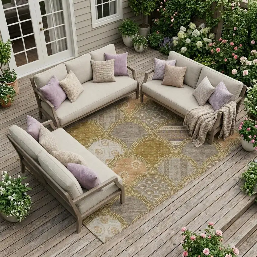 Walnut And Gold Geometric Washable Indoor Outdoor Area Rug Photo 1