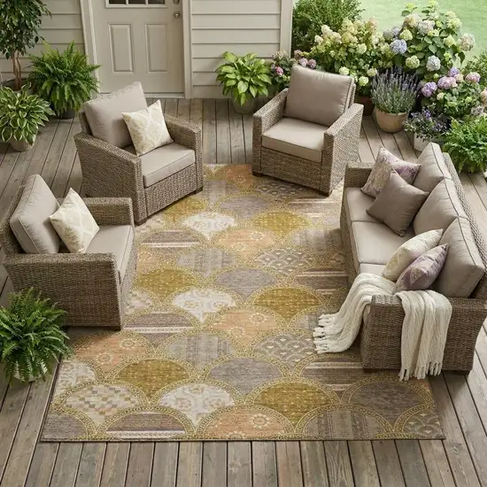 Walnut And Gold Geometric Washable Indoor Outdoor Area Rug Photo 1
