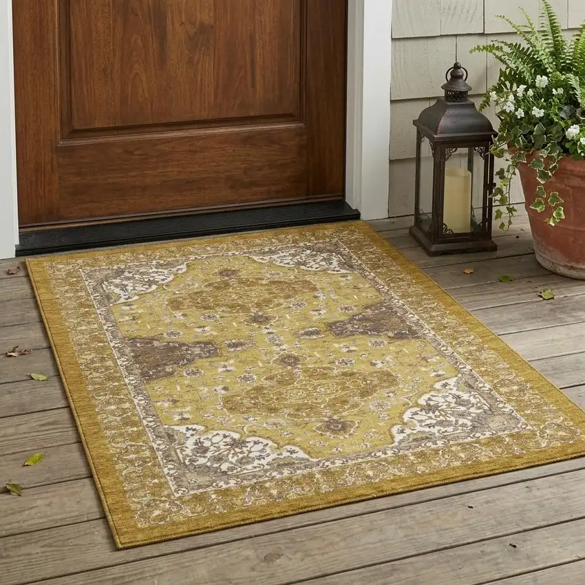 Walnut And Gold Oriental Washable Indoor Outdoor Area Rug Photo 1