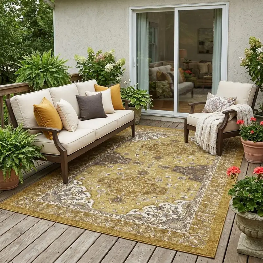 Walnut And Gold Oriental Washable Indoor Outdoor Area Rug Photo 1