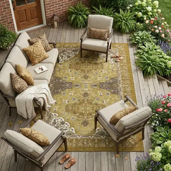 Walnut And Gold Oriental Washable Indoor Outdoor Area Rug Photo 1