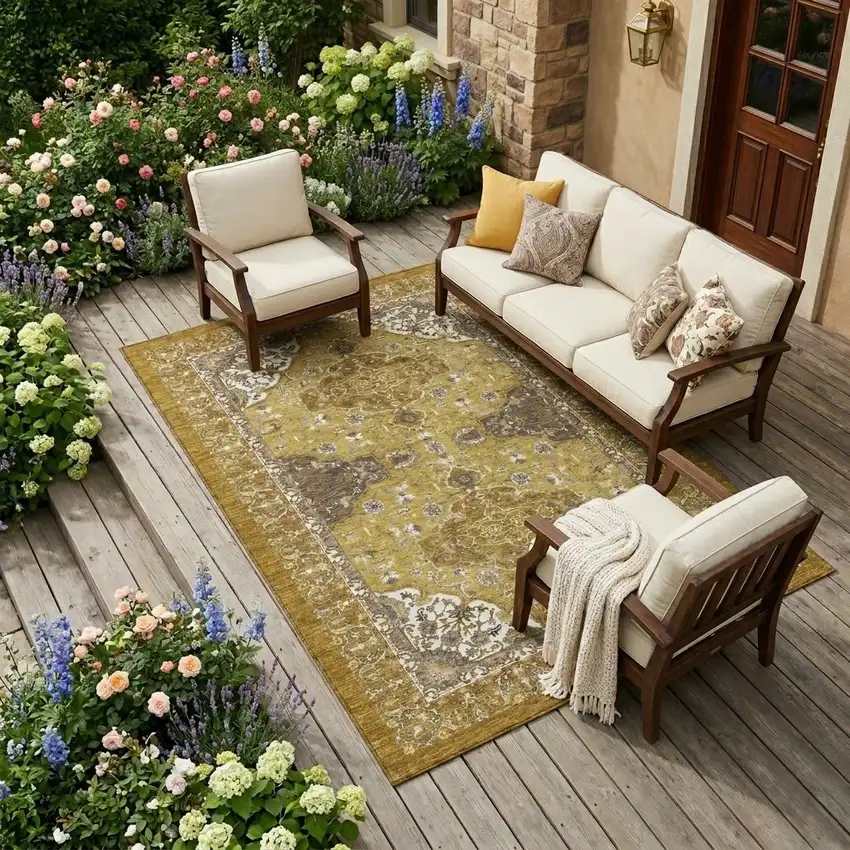 Walnut And Gold Oriental Washable Indoor Outdoor Area Rug Photo 1