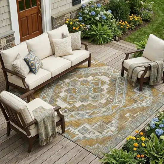Walnut And Gold Southwestern Washable Indoor Outdoor Area Rug Photo 1