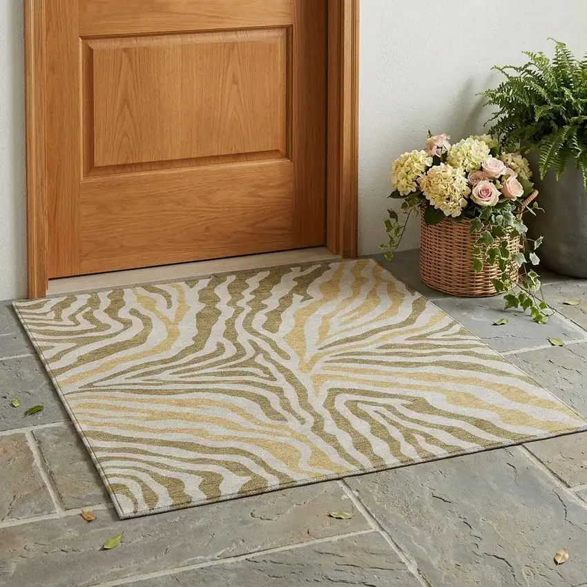 Walnut And Gold Zebra Print Washable Indoor Outdoor Area Rug Photo 1