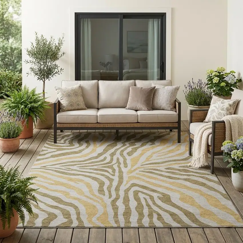 Walnut And Gold Zebra Print Washable Indoor Outdoor Area Rug Photo 1