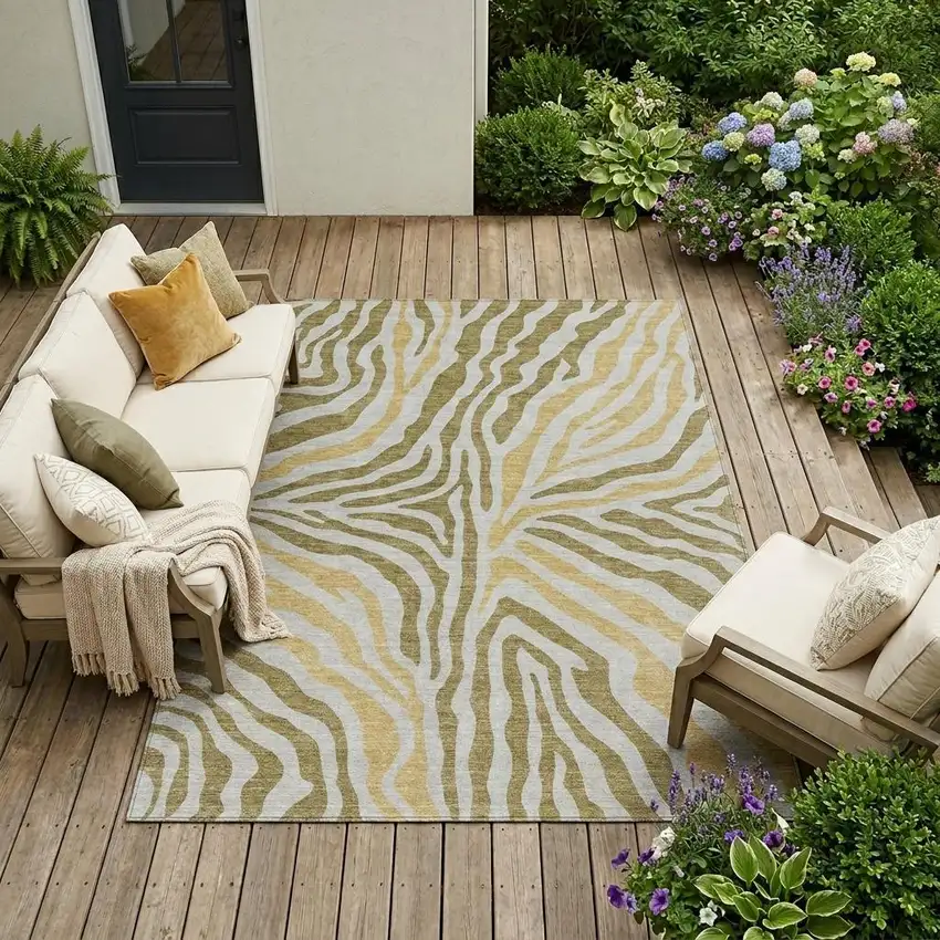 Walnut And Gold Zebra Print Washable Indoor Outdoor Area Rug Photo 1