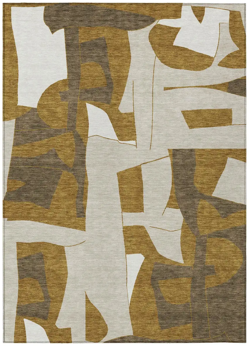 Walnut And Ivory Geometric Washable Indoor Outdoor Area Rug Photo 1