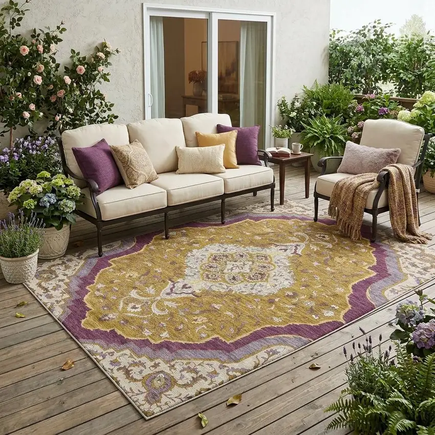 Walnut And Orange Medallion Washable Indoor Outdoor Area Rug Photo 1
