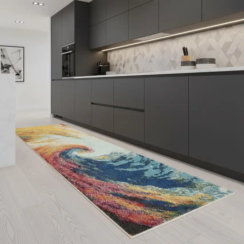 2' X 8' Wave Abstract Power Loom Non Skid Runner Rug Photo 1