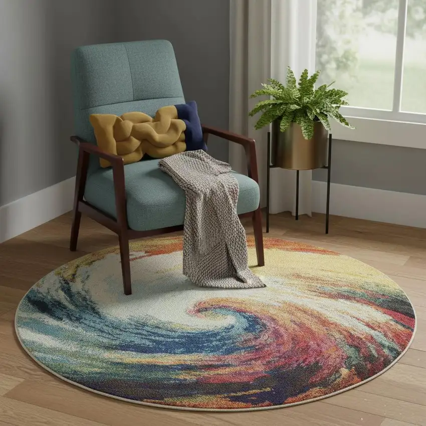 4' X 4' Wave Round Abstract Power Loom Non Skid Area Rug Photo 1