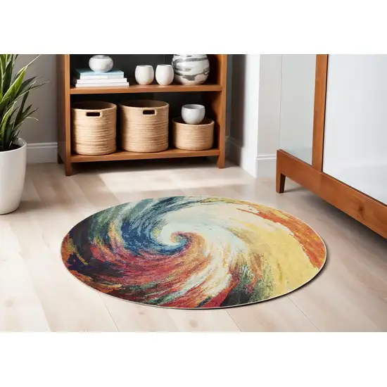 5' Yellow And Ivory Abstract Round Rug Photo 1