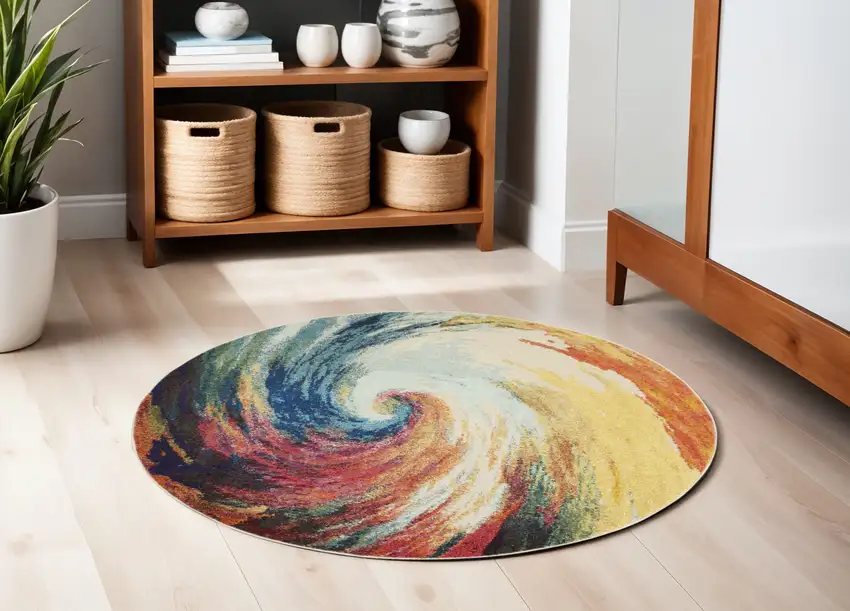 5' Yellow And Ivory Abstract Round Rug Photo 1