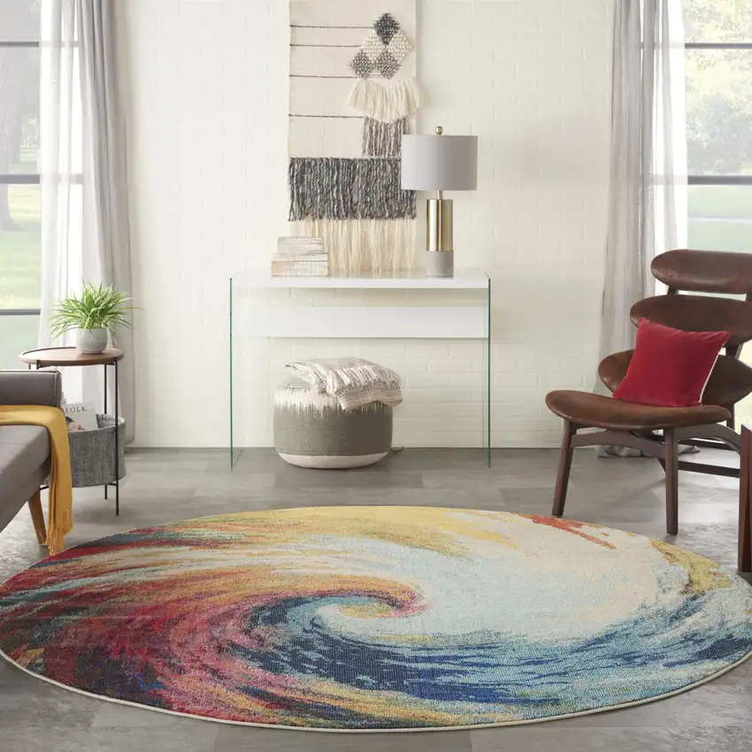 8' X 8' Wave Round Abstract Power Loom Non Skid Area Rug Photo 5