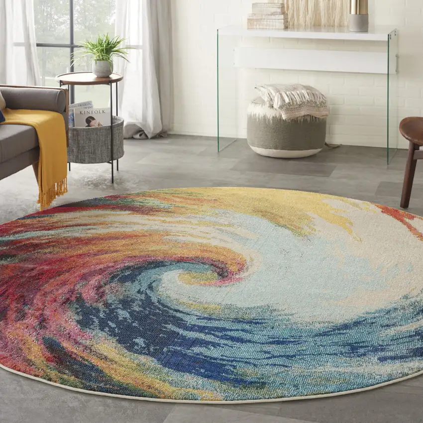8' X 8' Wave Round Abstract Power Loom Non Skid Area Rug Photo 4