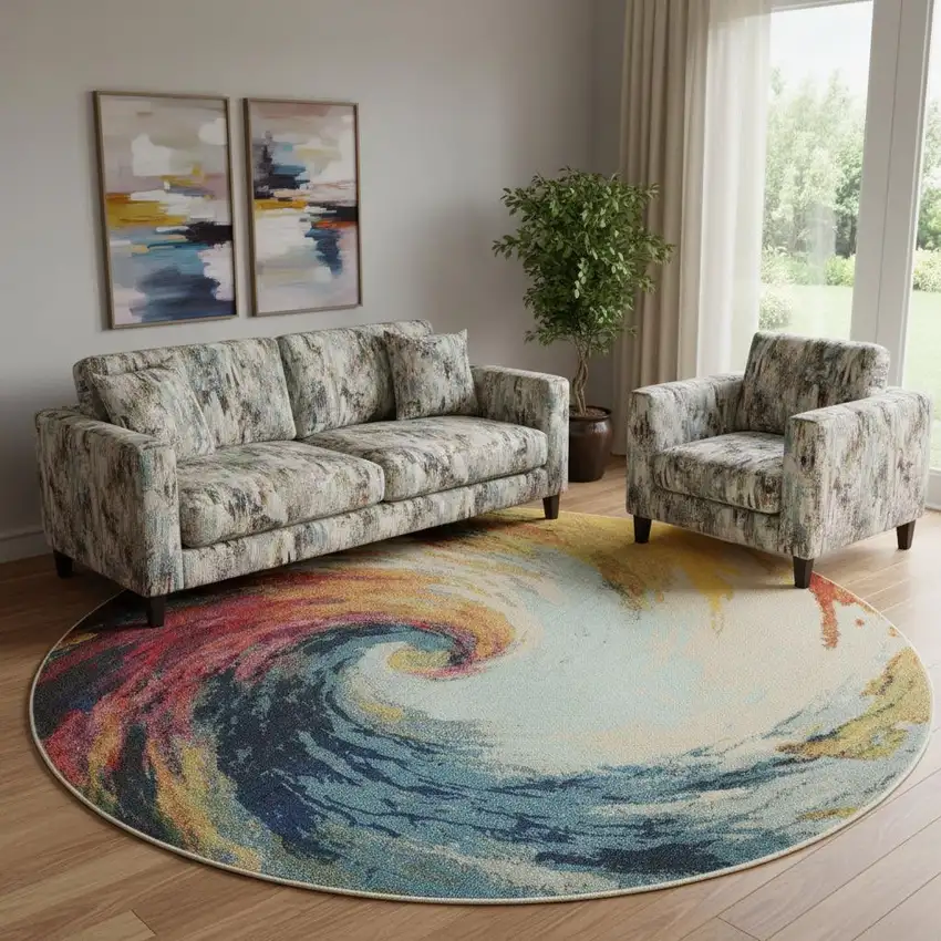 8' X 8' Wave Round Abstract Power Loom Non Skid Area Rug Photo 1
