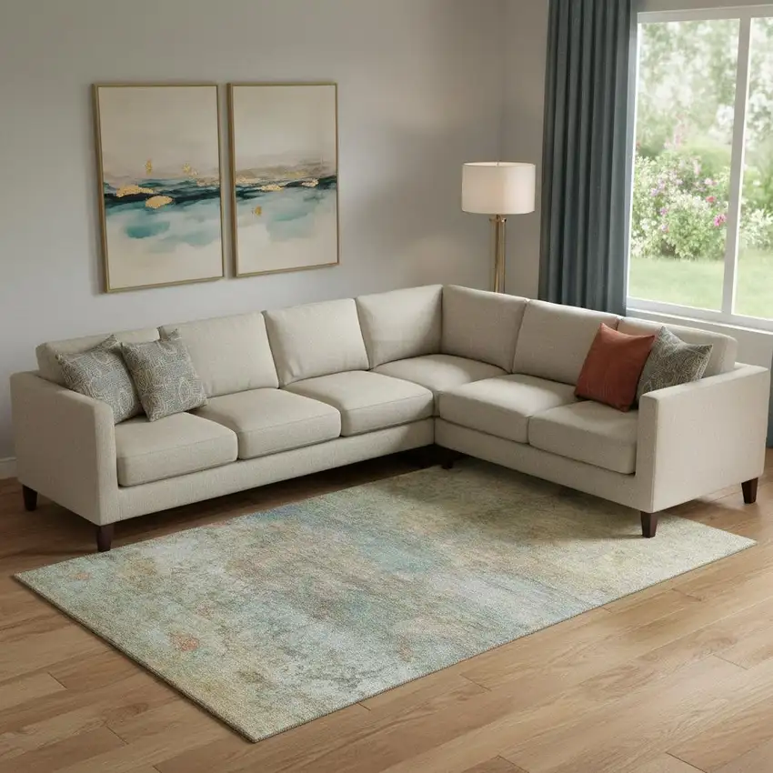 Wheat And Beige Abstract Washable Area Rug With UV Protection Photo 2