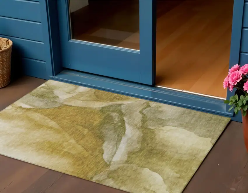 Wheat And Beige Abstract Washable Indoor Outdoor Area Rug Photo 2