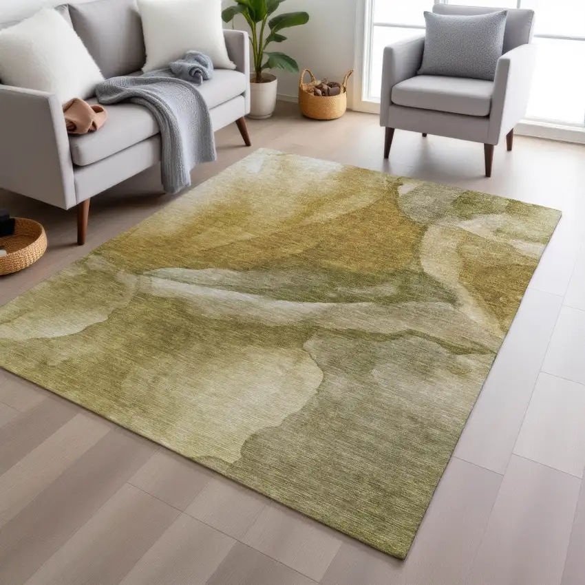 Wheat And Beige Abstract Washable Indoor Outdoor Area Rug Photo 7