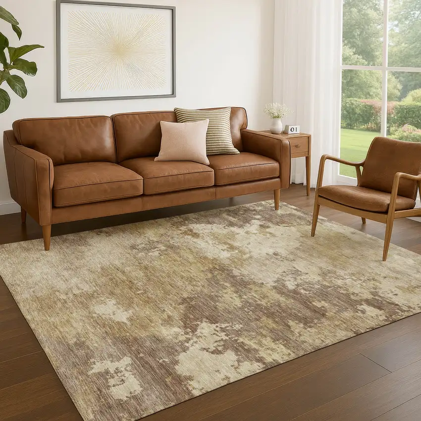 Wheat And Beige Abstract Washable Indoor Outdoor Area Rug Photo 5