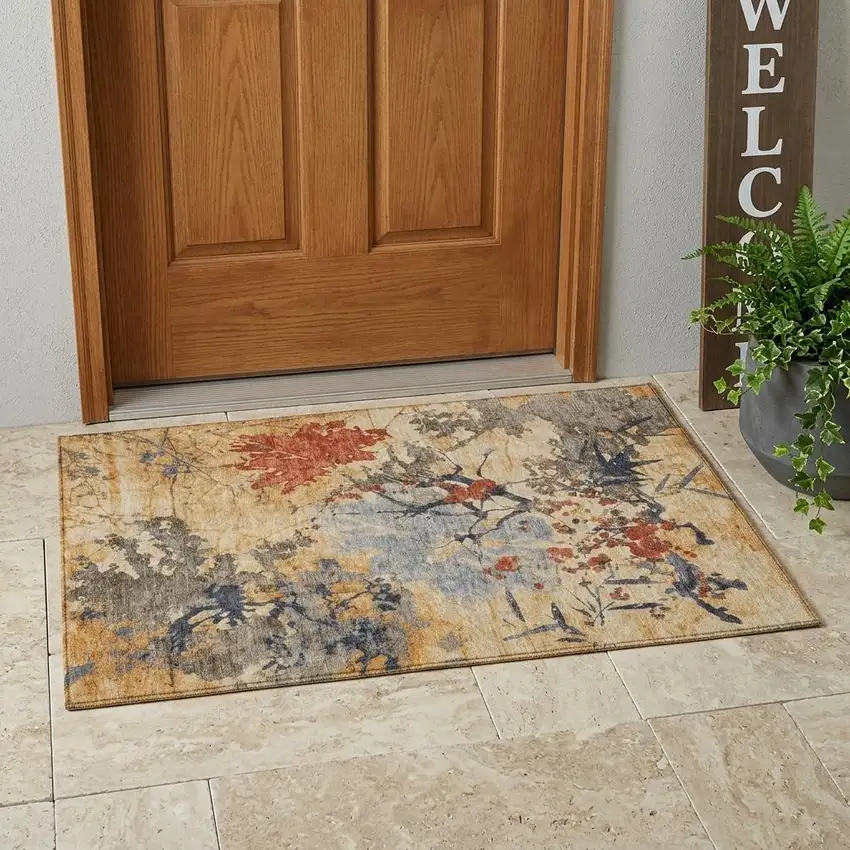 Wheat And Beige Abstract Washable Indoor Outdoor Area Rug Photo 1