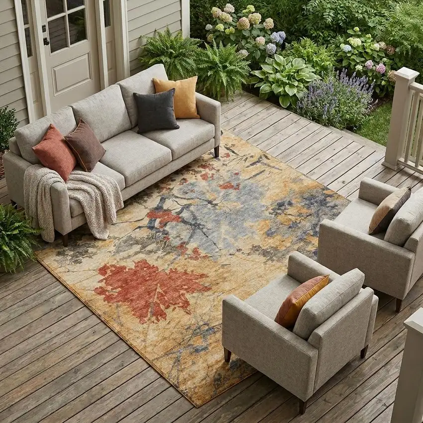 Wheat And Beige Abstract Washable Indoor Outdoor Area Rug Photo 1