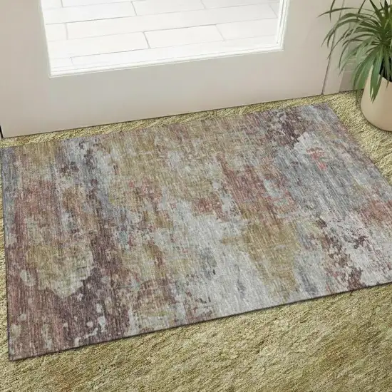 Wheat And Beige Damask Washable Area Rug With UV Protection Photo 2