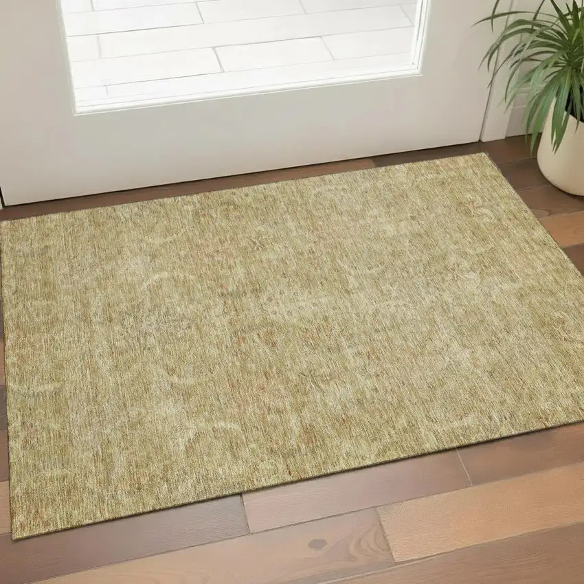 Wheat And Beige Damask Washable Area Rug With UV Protection Photo 1