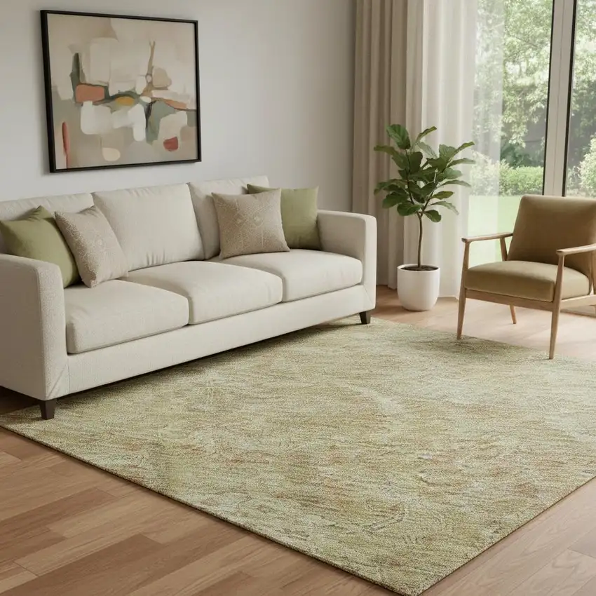 Wheat And Beige Damask Washable Area Rug With UV Protection Photo 2