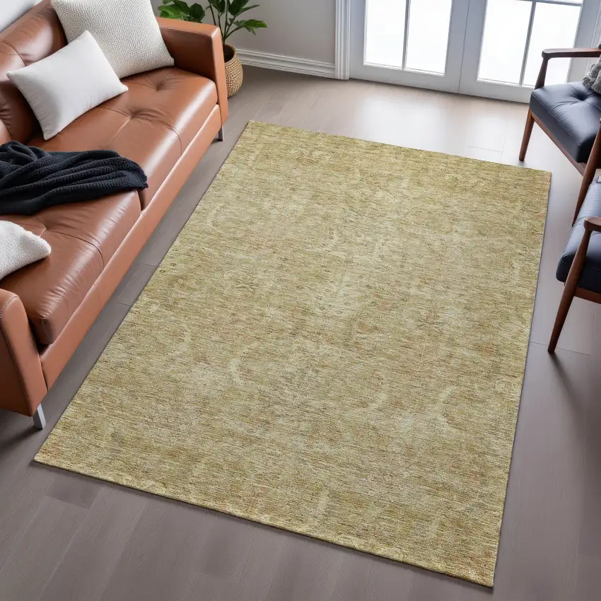 Wheat And Beige Damask Washable Area Rug With UV Protection Photo 5