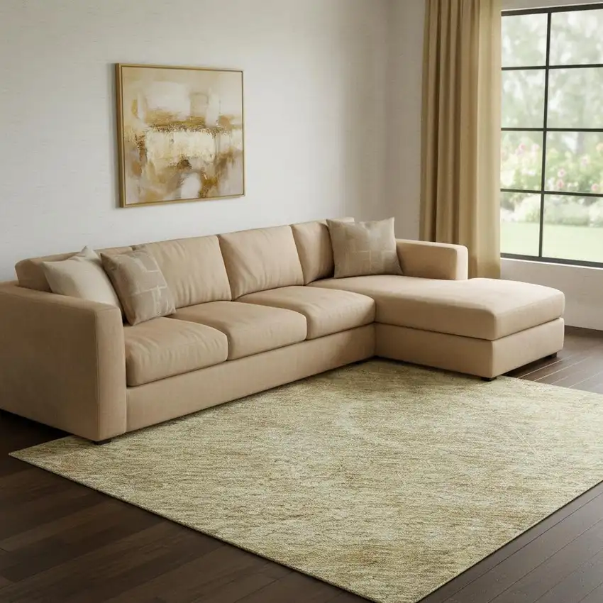 Wheat And Beige Damask Washable Area Rug With UV Protection Photo 2