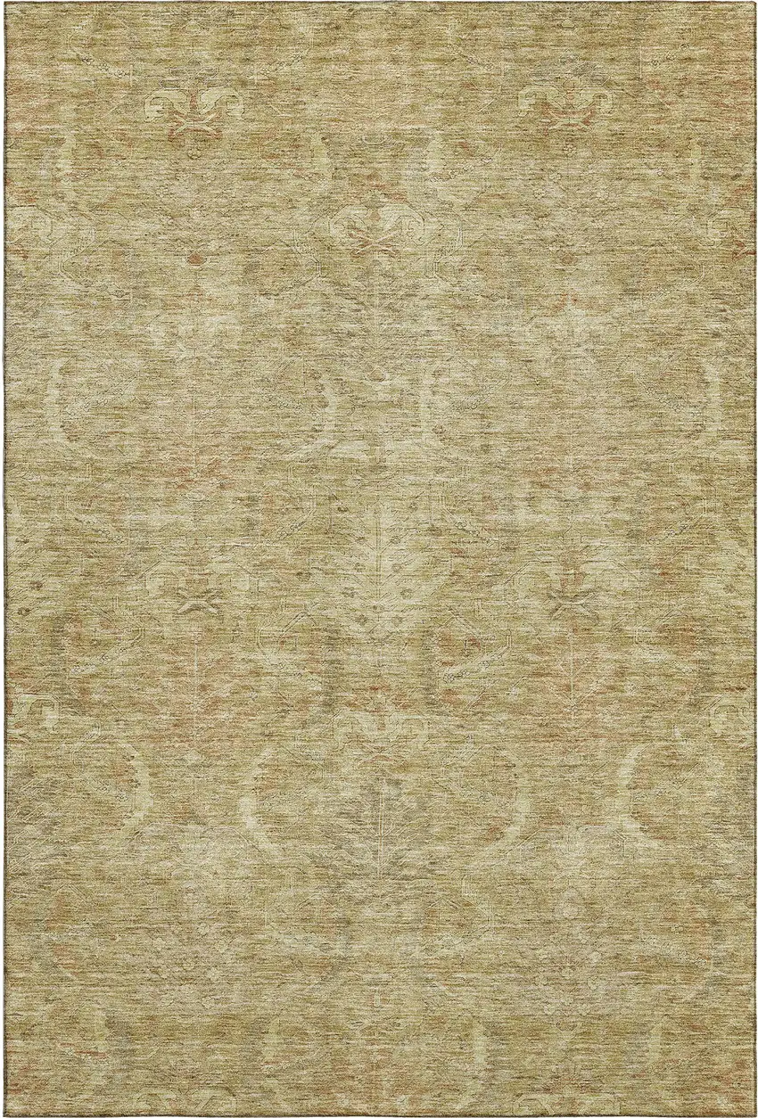 Wheat And Beige Damask Washable Area Rug With UV Protection Photo 5