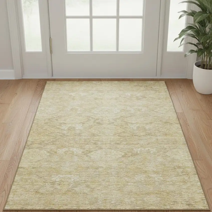 Wheat And Beige Damask Washable Area Rug With UV Protection Photo 2