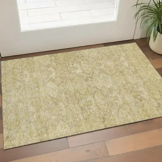 Wheat And Beige Damask Washable Area Rug With UV Protection Photo 1